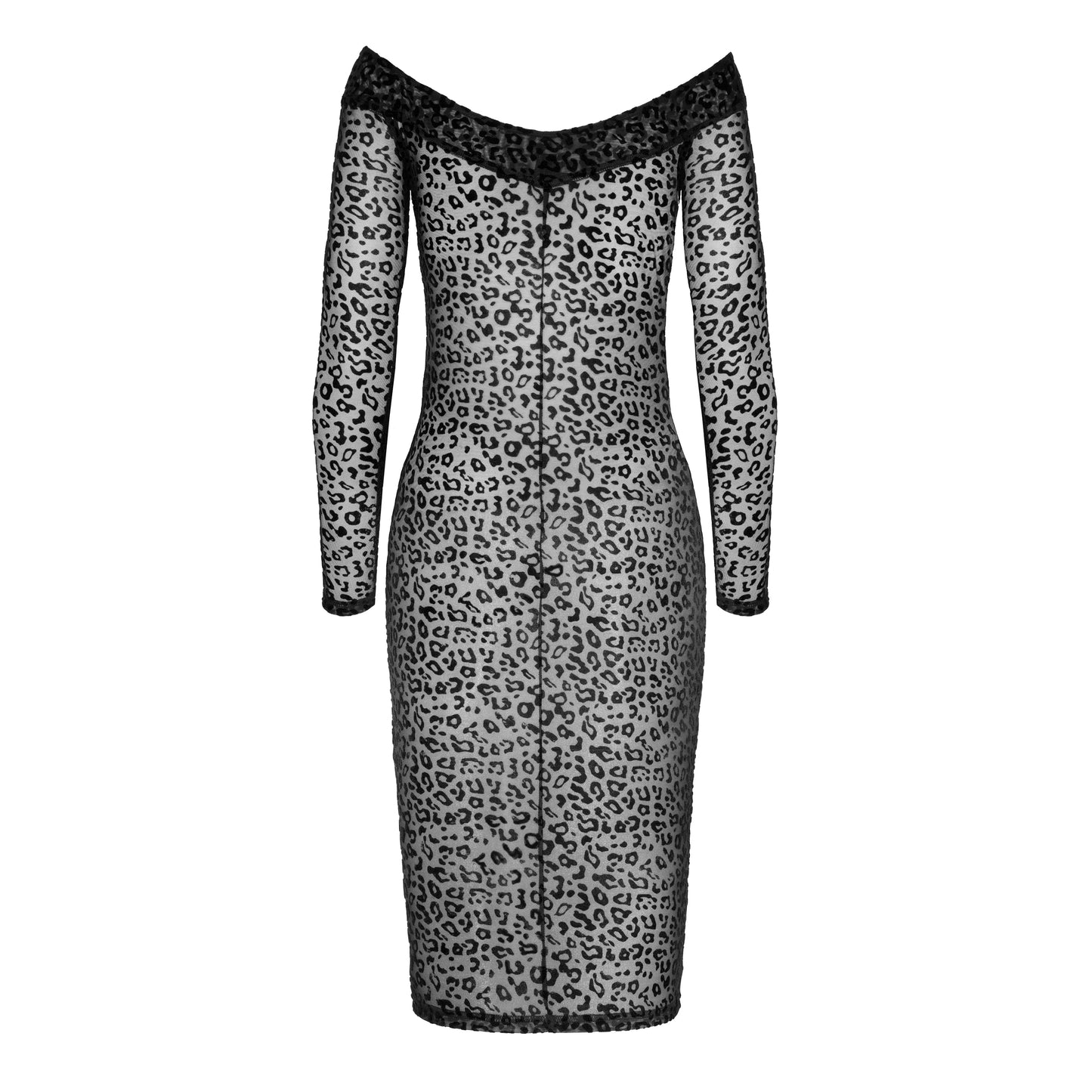 See Through Leopard Flock Midi-Dress Noir Handmade