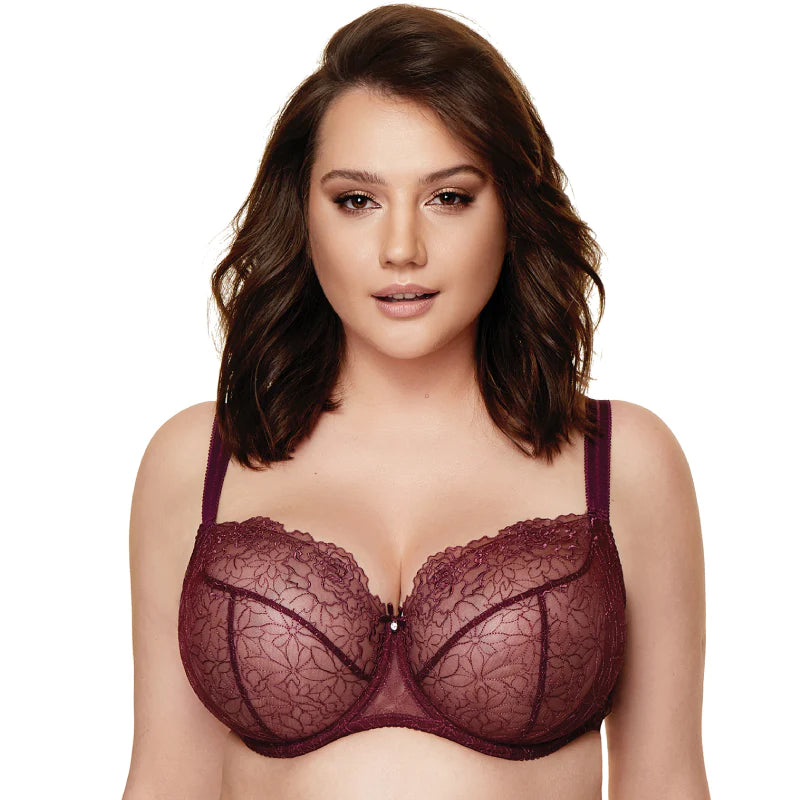 Sheer Lace Balconette Bra Pamela Aubergine