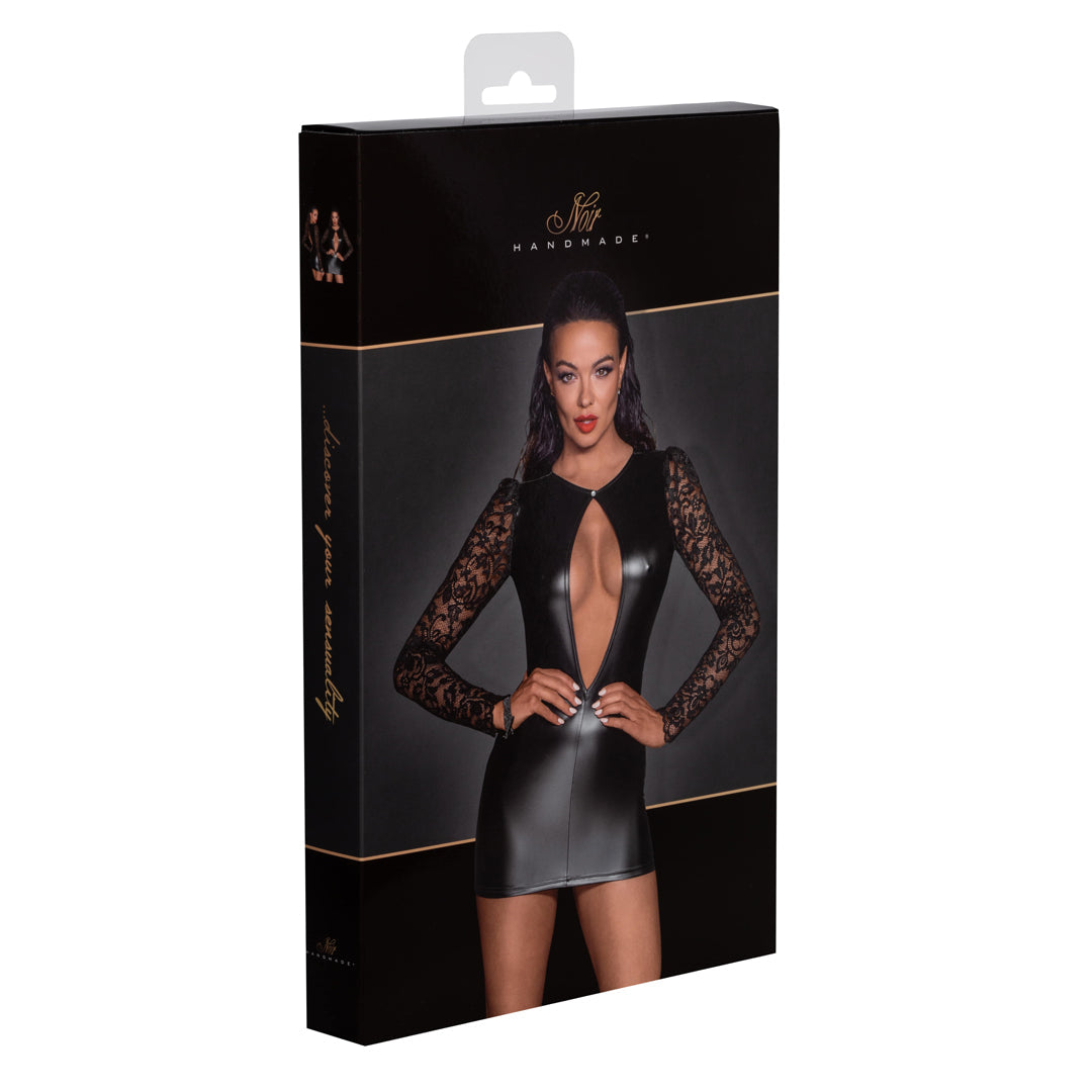 Sexy Open Front Power Wet Look Mini Dress Leather & Lace-5