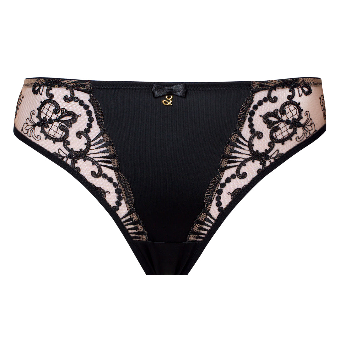 Sheer Mesh Tulle Embroidered Tanga Panty Perla Black